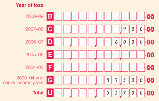 Part A item 1: Year of loss
Label B 2008-09: nil
Label C 2007-08: $400
Label D 2006-07: $6,000
Label E 2005-06: nil
Label F 2004-05: nil
Label G 2003-04 and earlier income years: $47,500
Label U Total: $53,900