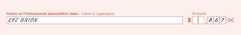 Example of the completed 'Union/professional association fees' field of the form, field includes the name written in block letters. 