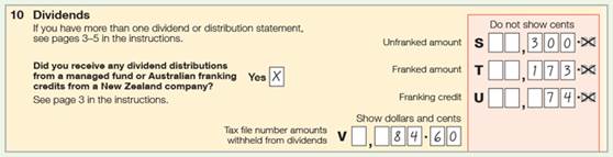 The Dividends section of the Application for refund of franking credits for individuals 2019 completed with the information contained in the example above.