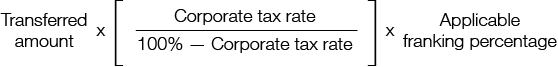 Calculation of the franking debit is the transferred amount multiplied by the result of the corporate tax amount divided by 100% minus the corporate tax rate and then multipled by the applicable franking percentage.