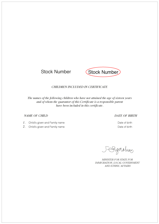 Certificate of Australian Citizenship (Back) displaying Stock number circled in red.