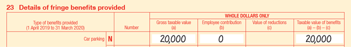 Extract of Item 23 of 2020 FBT return: 23N Car parking; Number is blank; Gross taxable value (a) is $20,000; Employee contribution (b) is $0; Value of reductions (c) is blank; Taxable value of benefits is (a) - (b) - (c) is $20,000.