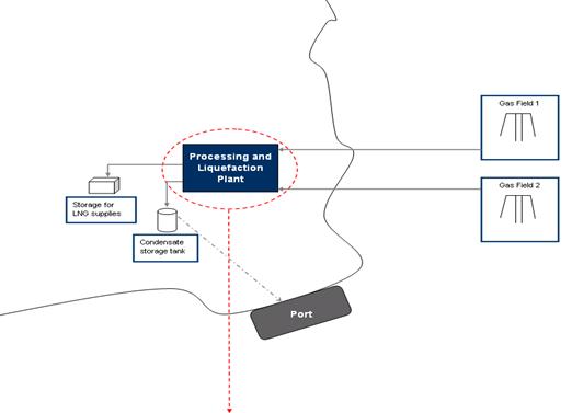 Example 4: offshore petroleum recovery with onshore processing and liquefaction