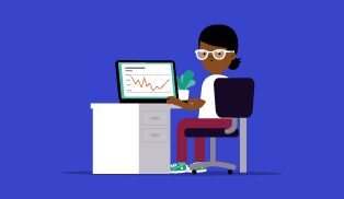 Illustration of woman using laptop to view a graph at a desk