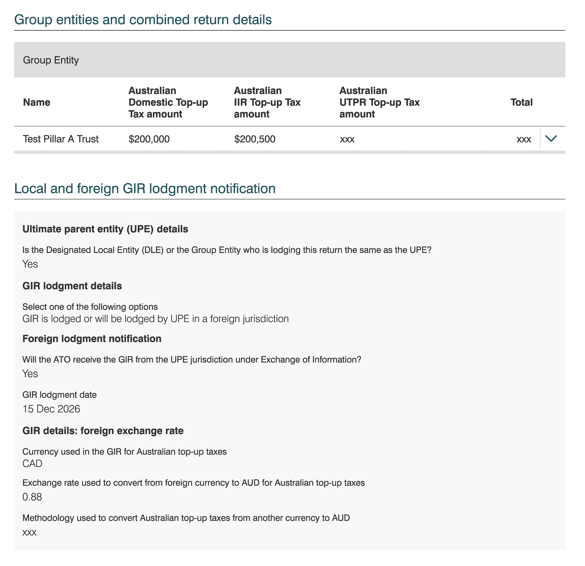 Image shows a screenshot of the online form displaying group entities and combined return details.