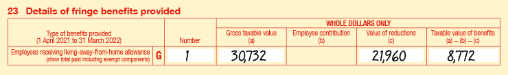 Extract of Item 23 of 2022 FBT return: • 23G Employees receiving living-away-from-home allowance (show total paid including exempt components) • Number is 1 • Gross taxable value (a) is 30,732 • Employee contribution (b) is blank • Value of reductions (c) is $21,960 • Taxable value of benefits is (a) − (b) − (c) is $8,772 