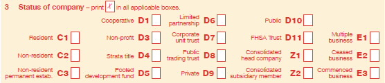 'Item 3 Status of company' labels from Company tax return 2012
