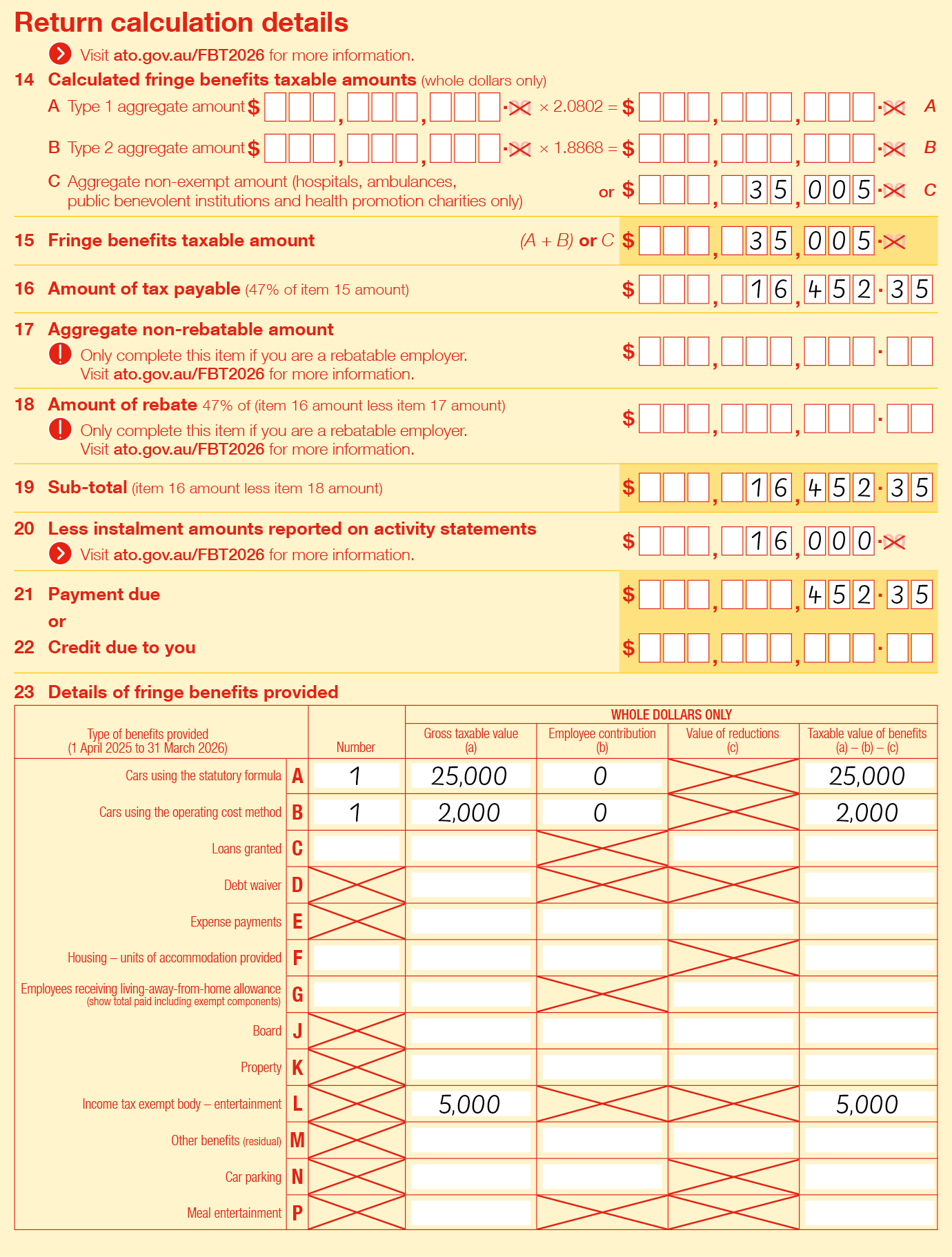 Completed labels 14 to 23 using information from the public hospital return worked example above.
