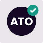 a navy circle with the acronym ATO (Australian Taxation Office) with a green tick