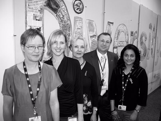 To celebrate Harmony Day in National office in March 2006 a large mural was created about diversity in the ATO and displayed in the foyer for the rest of the year. The team behind the display, left to right: Sonia Casey, Georgina Cotton, Margaret McKenna, Commissioner D'Ascenzo, Sharmini Lingam.