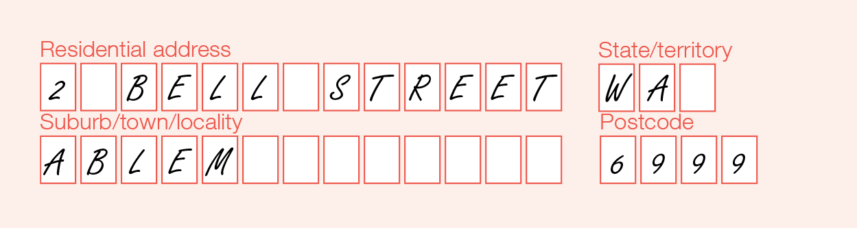 Example of the completed 'Residential address' fields of the form.