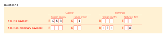 Question 14
14a No payment
Label B Capital - Foreign country GBR
Label C Capital - Nature of item 1
Label D Revenue - Foreign country nil
Label E Revenue - Nature of item nil
14b Non-monetary payment
Label B Capital - Foreign country nil
Label C Capital - Nature of item nil
Label D Revenue - Foreign country JPN
Label E Revenue - Nature of item 10
