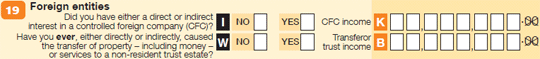 Question 19 image from the Tax return for individuals (supplementary section) form.