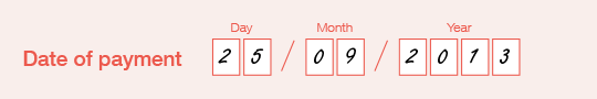 Example of the completed 'Date of payment' field on the PAYG payment summary - employment termination payment form. Fill the date in the boxes for day, month and year. 