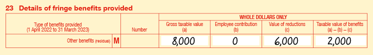 23M Extract of Item 23 of 2023 FBT return: • 23M Other benefits (residual) • Number is blank • Gross taxable value (a) is $8,000 • Employee contribution (b) is $0 • Value of reductions (c) is $6,000 • Taxable value of benefits is (a) − (b) − (c) is $2,000 