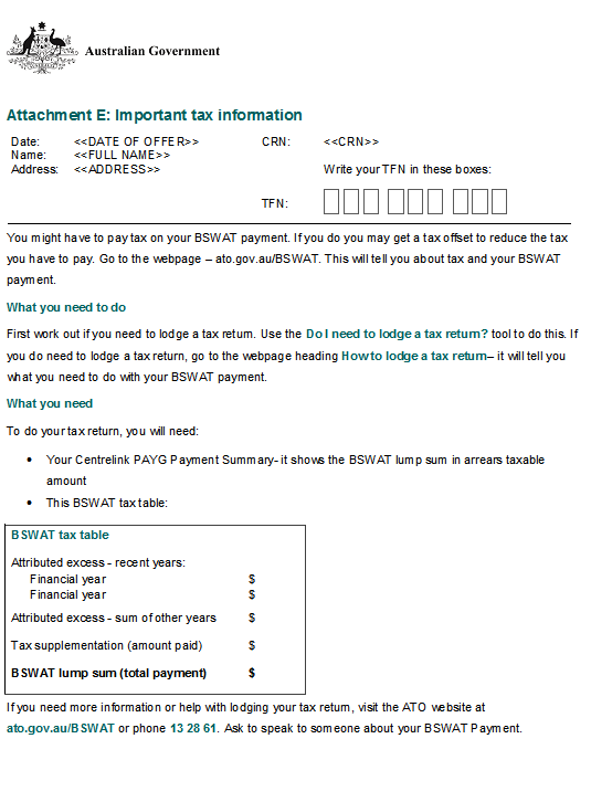 Example Attachment E – Important tax information