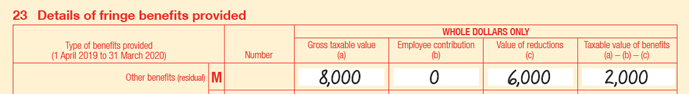 Extract of Item 23 of 2020 FBT return: 23M Other benefits (residual); Number is blank; Gross taxable value (a) is $8,000; Employee contribution (b) is $0; Value of reductions (c) is $6,000; Taxable value of benefits is (a) - (b) - (c) is $2,000.