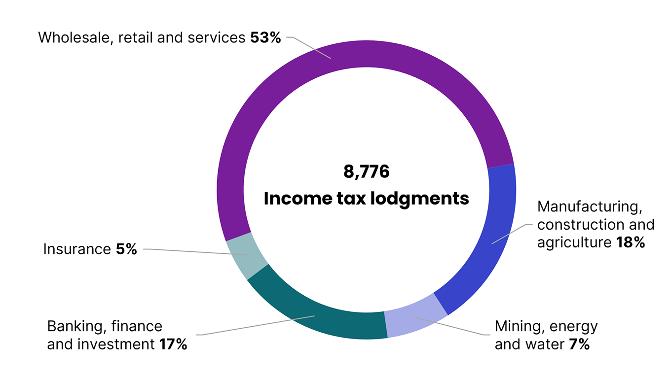 Of the 8,776 income tax returns lodged by large corporate groups: 18% are manufacturing, construction and agriculture, 7% are mining, energy and water, 17% are banking, finance and investment, 5% are insurance, and 53% are wholesale, retail and services.
