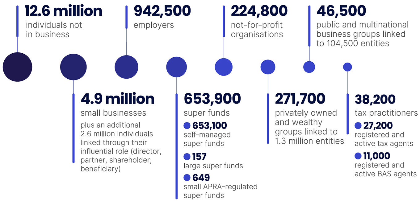 Image shows the ATO landscape for 2024–25: 12.6 million individuals not in business; 942,500 employers; 224,800 not-for-profit organisations; 46,500 public and multinational groups linked to 104,500 entities; 4.9 million small businesses, plus an additional 2.6 million individuals linked through their influential role (director, partner, shareholder, beneficiary); 653,900 super funds, including 653,500 self-managed super funds, 157 large super funds, and 649,100 small APRA-regulated super funds; 271,700 privately owned and wealthy groups linked to 1.3 million entities; 38,200 tax practitioners, comprising 27,200 registered and active tax agents and 11,000 active and registered BAS agents.