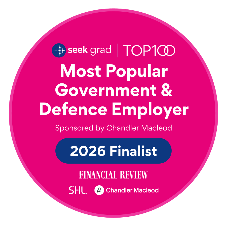 A badge for Top100 graduate employers. Text displays 'Most Popular Government and Defence Employer' and  '2026 Finalist'.