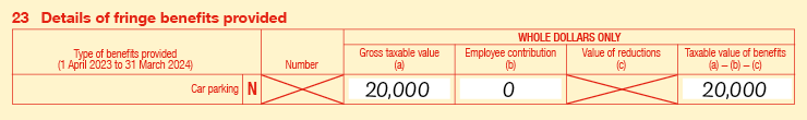 23N Extract of Item 23 of 2024 FBT return: 23N Car parking: Number is blank; Gross taxable value (a) is $20,000; Employee contribution (b) is $0; Value of reductions (c) is blank; Taxable value of benefits is (a) − (b) − (c) is $20,000.
