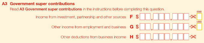 A blank copy of item A3 Government super contributions section of the tax return for individuals. Read A3 Government super contributions in the instructions before completing this item.  Label F Income from investment, partnership and other sources Label G Other income from employment and business Label H Other deductions from business income