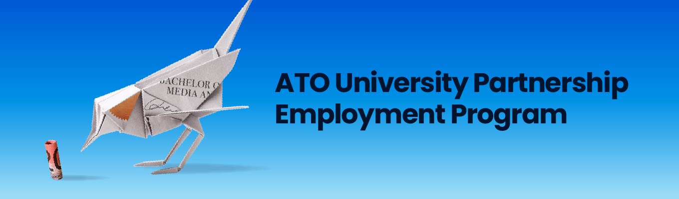 Origami bird made from a university degree paper, with text promoting paid internships through the ATO University Partnership Employment Program.