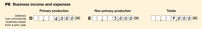 This image shows the P8 section of the form. Item P8 is completed with $6000 at D (Primary production), $3000 at E (Non-primary production) and $9000 in the Totals area.