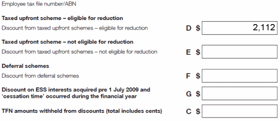 Astrid's ESS statementEmployee tax file number/ABNTaxed upfront scheme - eligible for reduction. Discount from taxed upfront schemes - eligible for reduction. Label D: $2,112All remaining labels left blank