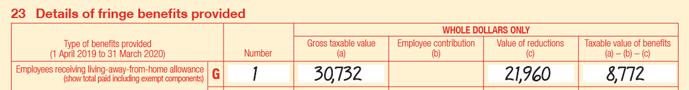 Extract of Item 23 of 2020 FBT return: 23G Employees receiving living-away-from-home allowance (show total paid including exempt components); Number is 1; Gross taxable value (a) is 30,732; Employee contribution (b) is blank; Value of reductions (c) is $21,960; Taxable value of benefits is (a) - (b) - (c) is $8,772.