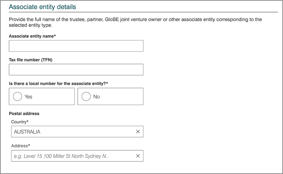 Image shows a screenshot of the online form where details of an associate entity need to be provided.