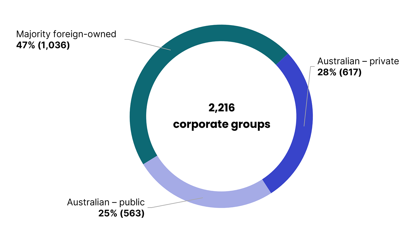 Of the 2,216 corporate groups, 28% (617) are Australian owned private companies, 25% (563) are Australian owned public companies, and 47% (1,036) are majority foreign-owned.
