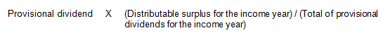 Provisional dividend multiplied by distributable surplus for the income year divided by total of provisional dividends for the income year