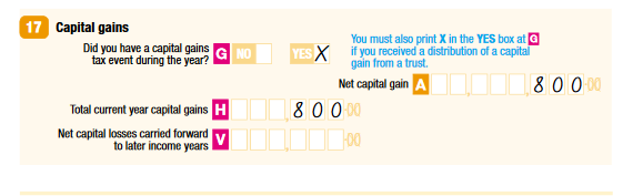 Yes A Net capital gain $800 H Total current year capital gains $800 V Net capital losses carried forward to later income years nil