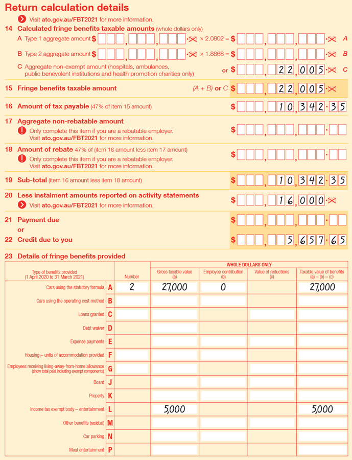 NFP PBI Extract of Items 14 to 23 of 2021 FBT return: Item 14 C Aggregate non-exempt amount (hospitals, ambulances, public benevolent institutions and health promotion charities only) is $22,005 Item 15 Fringe benefits taxable amount ((A+B) or C) is $22,005 Item 16 Amount of tax payable (47% of item 15 amount) is $22,005 x 0.47 = $10,342.35 Item 17 Aggregate non-rebatable amount (Only complete this item if you are a rebatable employer. Visit ato.gov.au/FBT2021 for more information) is left blank Item 18 Amount of rebate (47% of (item 16 amount less item 17 amount) (Only complete this item if you are a rebatable employer. Visit ato.gov.au/FBT2021 for more information) is left blank Item 19 Sub-total (item 16 amount less item 18 amount) is $10,342.35 – 0 = $10,342.35 Item 20 Less instalment amounts reported on activity statements (Visit ato.gov.au/FBT2021 for more information) is $16,000 Item 21 is left blank Item 22 Credit due to you is $5,657.65 Item 23 Details of fringe benefits provided is as follows: 23 A Cars using the statutory formula, number is 2, gross taxable value is $27,000, employee contribution is $0 and taxable value of benefits is $27,000. 23 L Income tax exempt body-entertainment, gross taxable value is $5,000 and taxable value of benefits is $5,000.