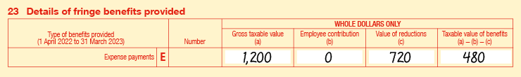 23E Extract of Item 23 of 2023 FBT return: • 23E Expense payments • Number is blank • Gross taxable value (a) is $1,200 • Employee contribution (b) is $0 • Value of reductions (c) is $720 • Taxable value of benefits is (a) − (b) − (c) is $480. 