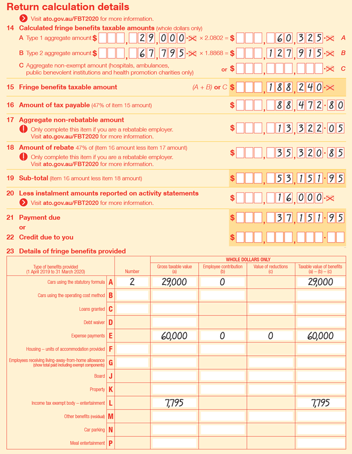 Extract of Items 14 to 23 of 2020 FBT return: Item 14A Type 1 aggregate amount is $29,000 × 2.0802 = $60,325; Item 14B Type 2 aggregate amount is ($60,000 + $7,795) × 1.8868 = $67,795 × 1.8868 = $127,915; Item 14C is left blank; Item 15 Fringe benefits taxable amount ((A+B) or C) is $60,325 + $127,915 = $188,240; Item 16 Amount of tax payable (47% of item 15 amount) is 47% × $188,240 = $88,472.80; Item 17 Aggregate non-rebatable amount (only complete this item if you are a rebatable employer. Visit ato.gov.au/FBT2020 for more information) is $13,322.05; Item 18 Amount of rebate (47% of (item 16 amount less item 17 amount) (only complete this item if you are a rebatable employer. Visit ato.gov.au/FBT2020 for more information) is 47% × ($88,472.80 - $13,322.05) = $35,320.85; Item 19 Sub-total (item 16 amount less item 18 amount) is ($88,472.80 - $35,320.85) = $53,151.95; Item 20 Less instalment amounts reported on activity statements (Visit ato.gov.au/FBT2020 for more information) is $16,000; Item 21 Payment due is $37,151.95; Item 22 is left blank; Item 23 Details of fringe benefits provided is as follows: 23A Cars using the statutory formula, number is 2, gross taxable value is $29,000, employee contribution is $0 and taxable value of benefits is $29,000; 23E Expense payments, gross taxable value is $60,000, employee contribution is $0, value of reductions is $0 and taxable value of benefits is $60,000; 23L Income tax exempt body-entertainment, gross taxable value is $7,795 and taxable value of benefits is $7,795.