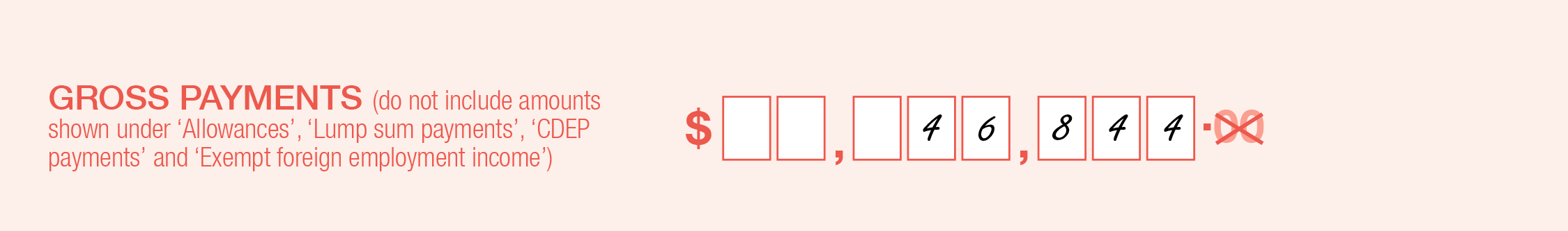 Example of the completed 'Gross payments' field of the form. Gross paymentsare written in whole dollars with one letter per box. 