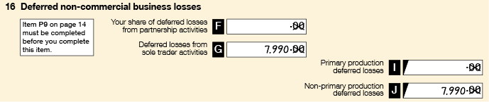 Item 16 filled in with $7,990 at G (deferred losses from sole trader activities), $0 entered into I (Primary production deferred losses) and $7,990 entered into J (Non-primary deferred losses).