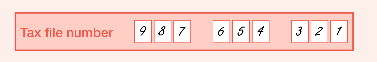 Example of the completed tax file number field with one digit printed in each box. 