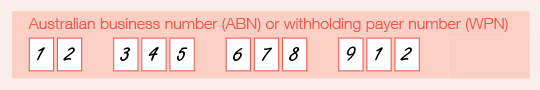 Example of the completed ABN or WPN field on the PAYG payment summary - employment termination payment form. Numbers completed in boxes on the form. 