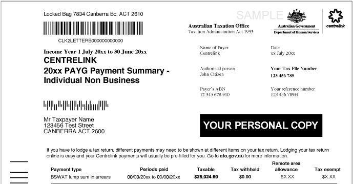 Example Centrelink PAYG payment summary