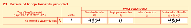 Extract of Item 23 of 2022 FBT return: • 23A Cars using the statutory formula • Number is 1 • Gross taxable value (a) is $4,804 • Employee contribution (b) is $0 • Value of reductions (c) is blank • Taxable value of benefits is (a) − (b) − (c) is $4,804. 