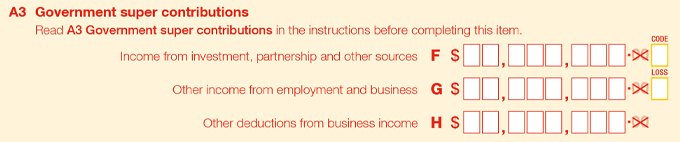 A blank copy of item A3 Government super contributions section of the tax return for individuals. Read A3 Government super contributions in the instructions before completing this item.  Label F Income from investment, partnership and other sources Label G Other income from employment and business Label H Other deductions from business income