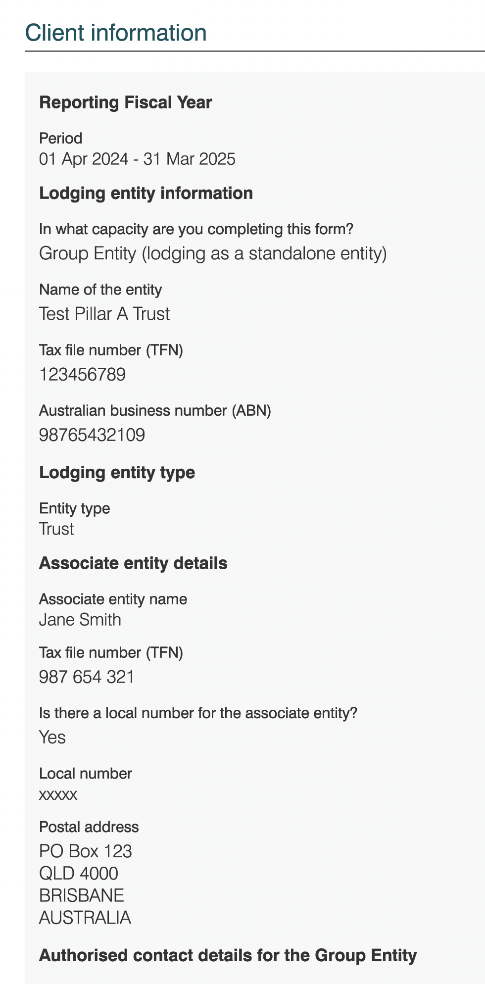 Image shows a screenshot of the online form displaying a client information summary.