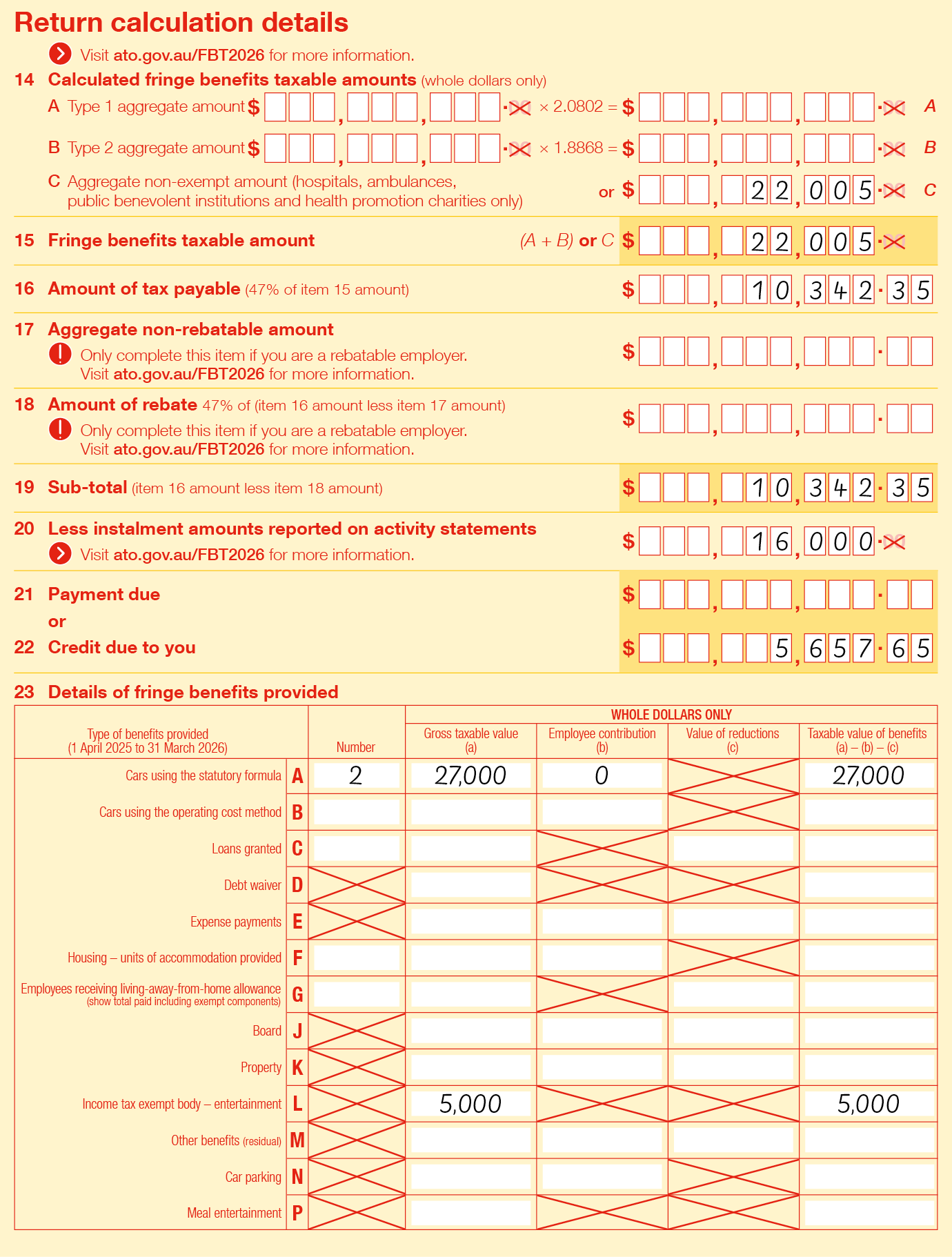 Completed labels 14 to 23 using information from the public benevolent institution return worked example above.
