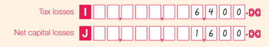 Part B item 3
Label I Tax losses: $6,400
Label J Net capital losses: $1,600