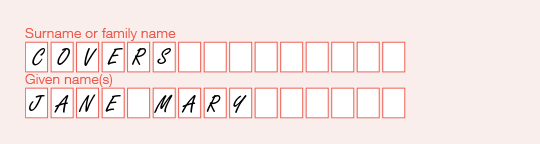 Example of the completed 'Name' field on the PAYG payment summary - employment termination payment form. Fill in the surname or family name in the boxes on the top line, and the given name or names in the boxes on the next line.