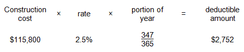 Multiply the construction cost of $115,800 by the rate of 2.5%. Multiply the result by the portion of year, calculated as 347 divided by 365. The answer equals the deductible amount of $2,752.