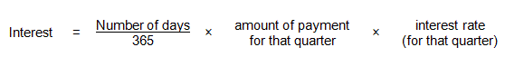 Divide the number of days by 365. Multiply the result by the amount of the payment for that quarter.Take this new amount, and multiply it by the interest rate (for that quarter). The result is the interest.